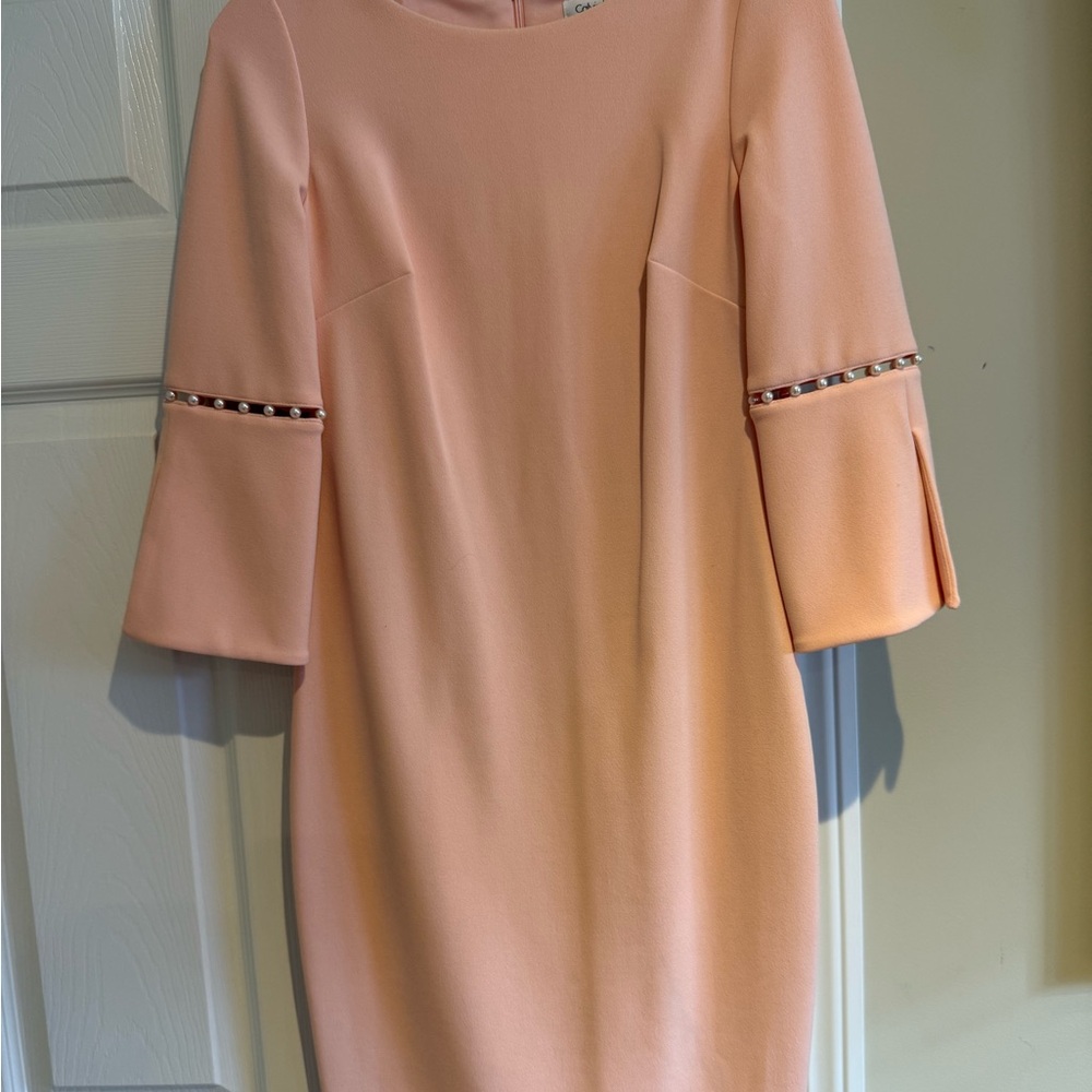 Calvin Klein Peach-Pink Sheath Dress with Beaded Sleeve Trim